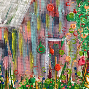 barn and flowers and grass in colorful abstract